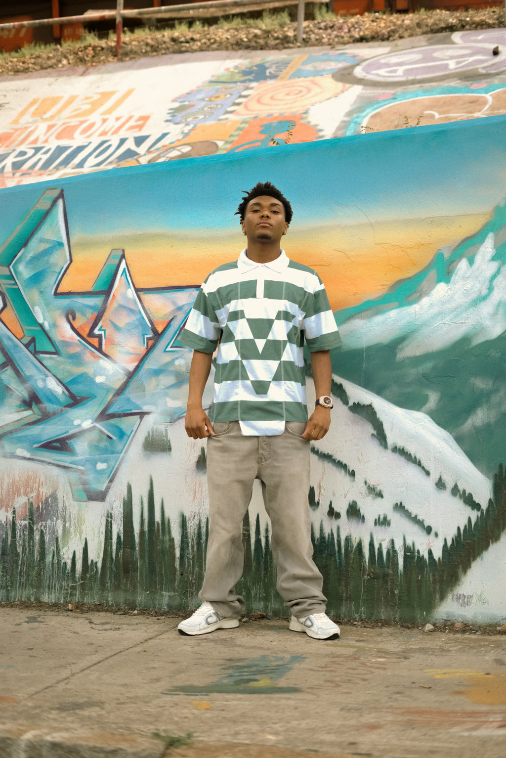 Green V Striped Polo