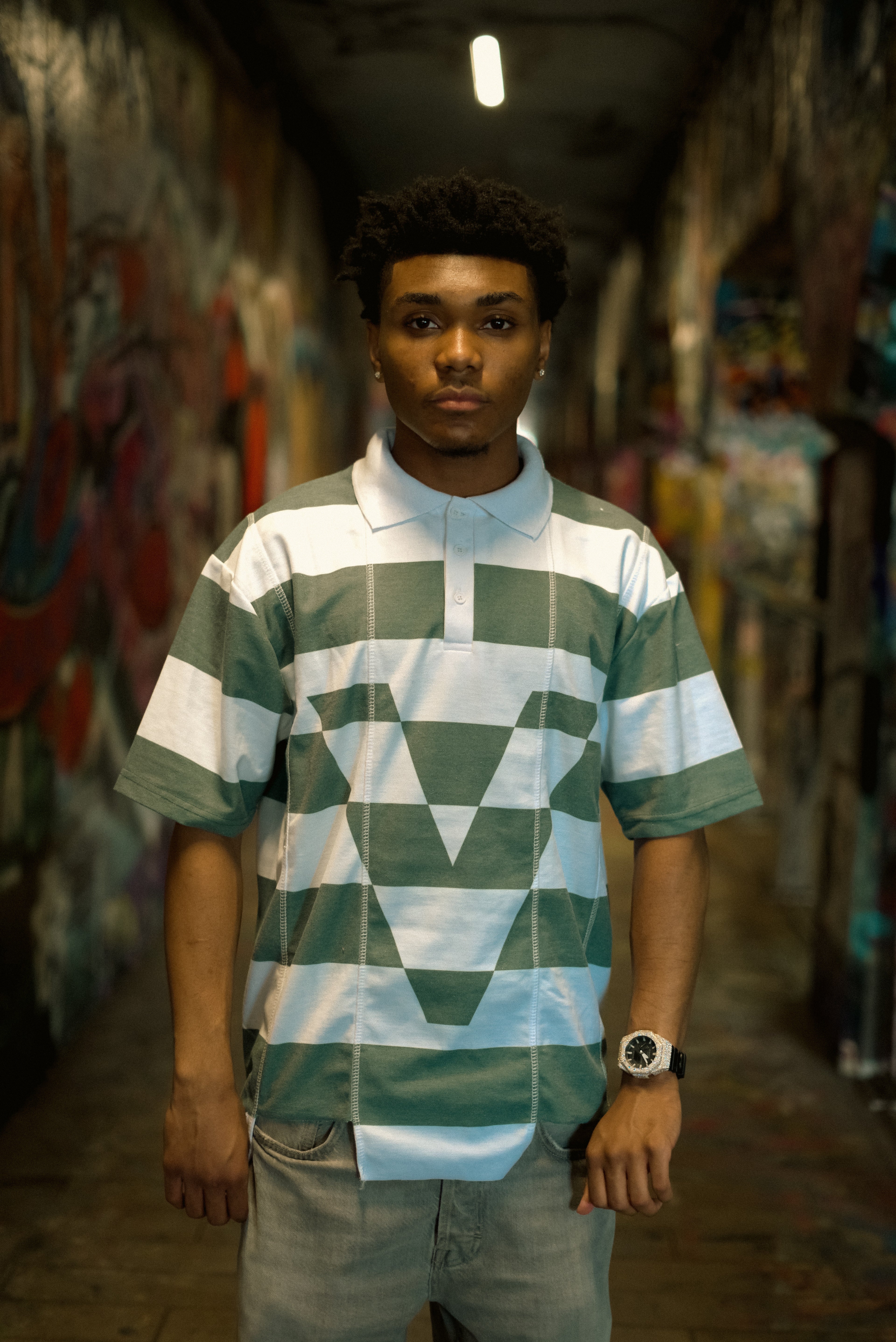 Green V Striped Polo